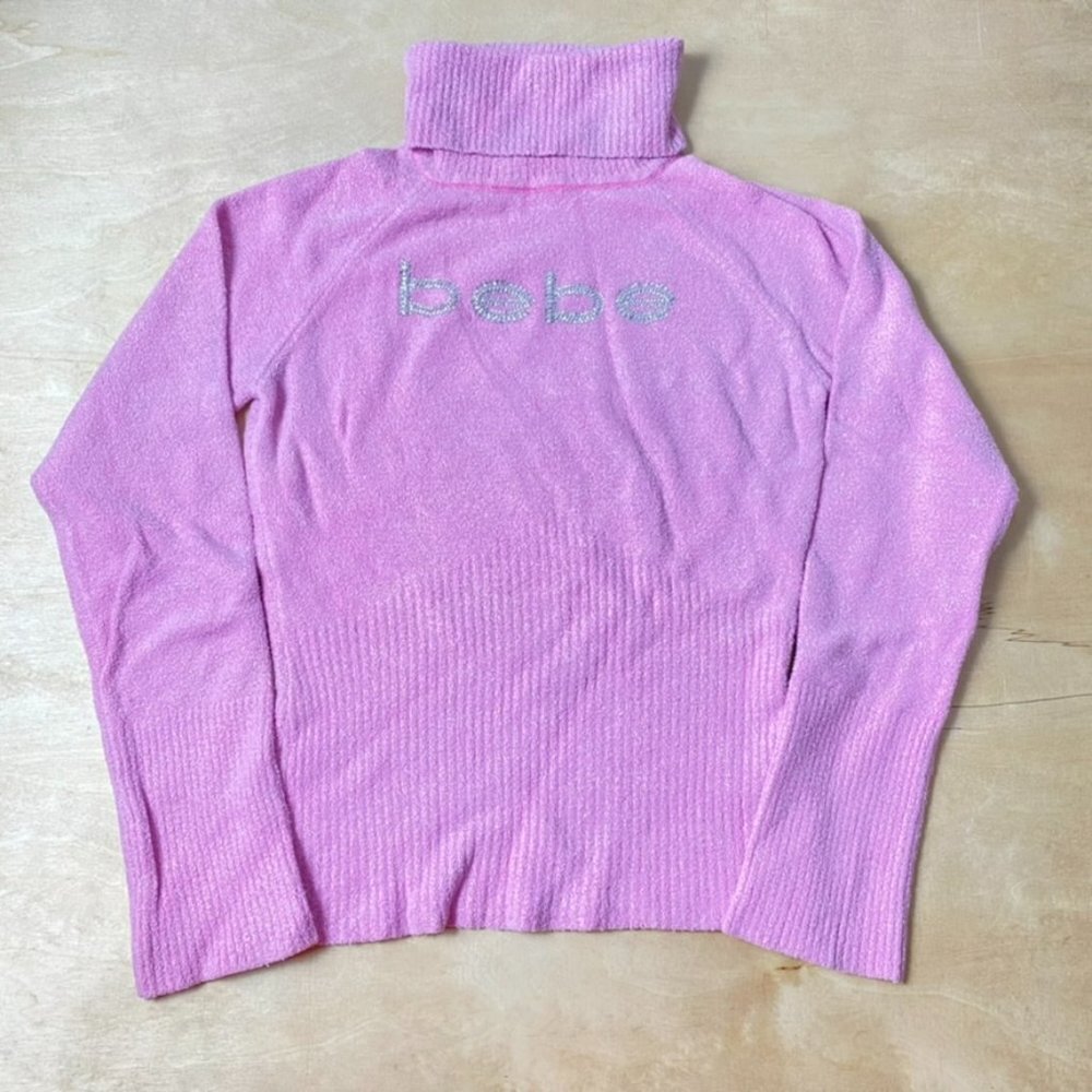 Y2K Bebe Bedazzled Pink Turtle Neck 100% Nylon Long Sleeve Women's M